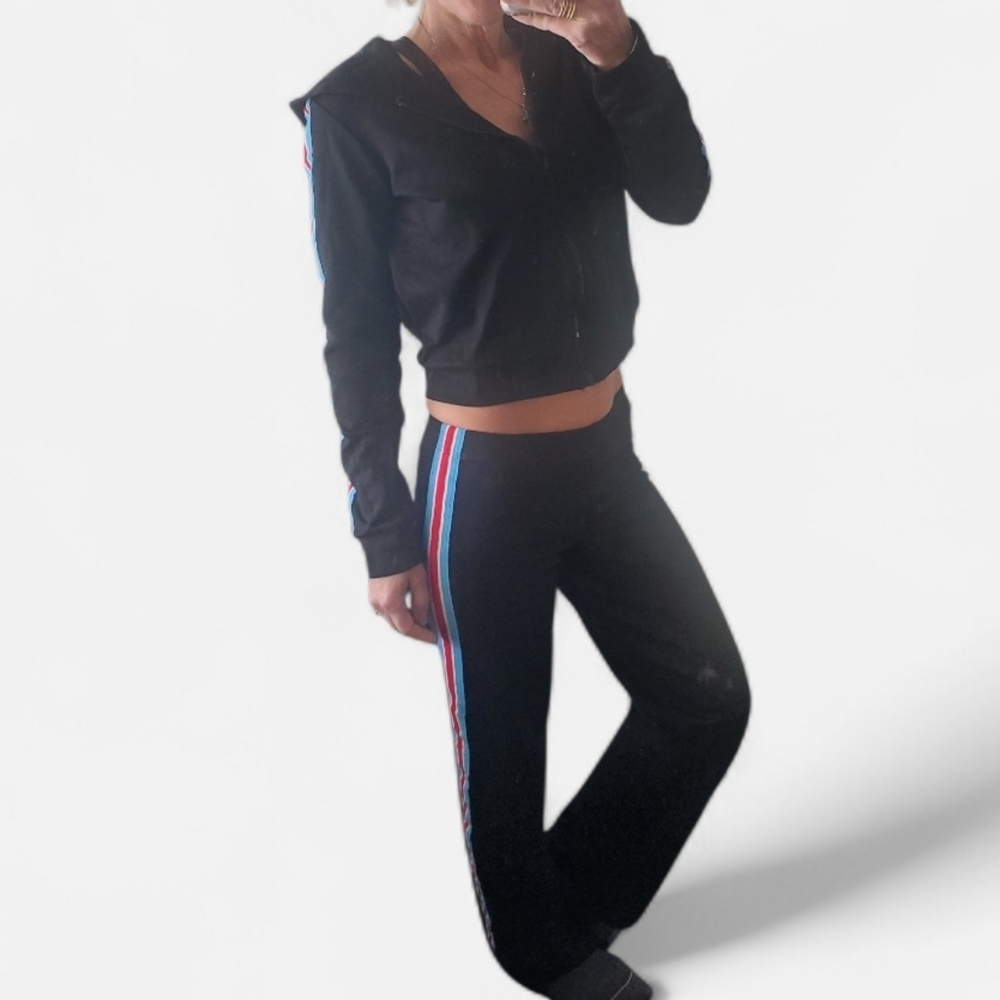 Vintage Rare Bebe Black track Suit Wide Boot Cut Low Rise Pants & Cropped Jacket